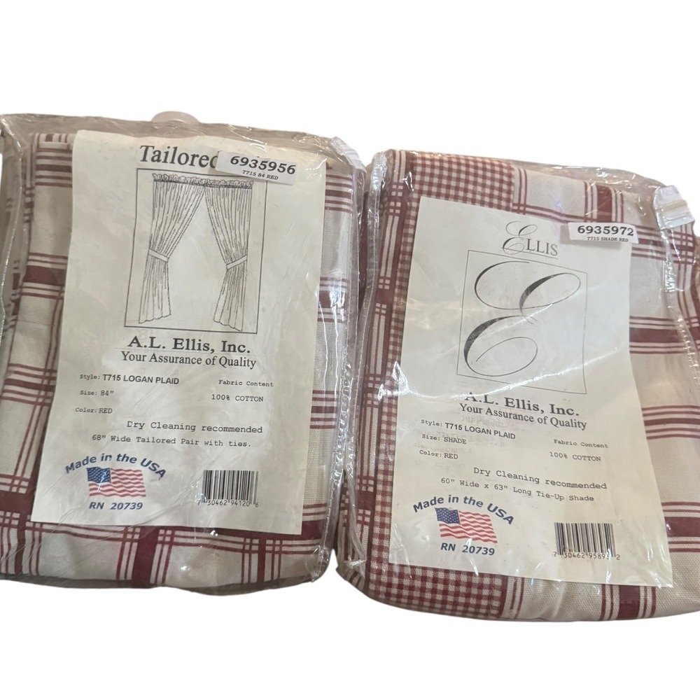 A.L. Ellis Logan Plaid Red Curtain Set 84" Tailored Pair & 63" Tie-Up Shade USA